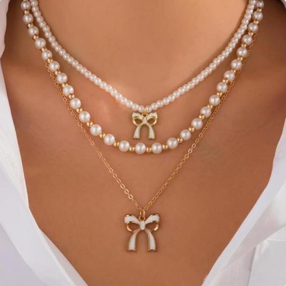 3 Pcs Gold Tone and Faux Pearl Layered Chunky Statement Stackable Necklaces